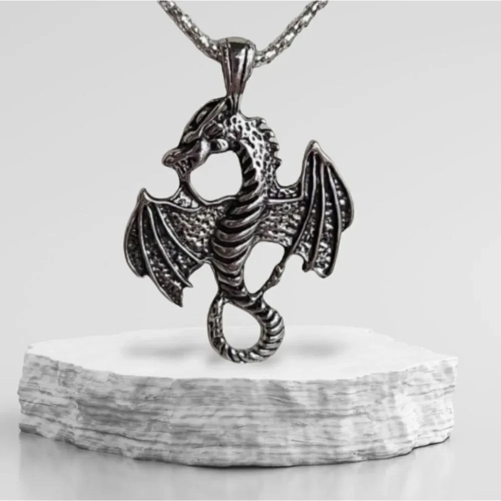 Winged Dragon Necklace Silver Zinc Alloy Pendant Men's Fashion Jewelry Chain